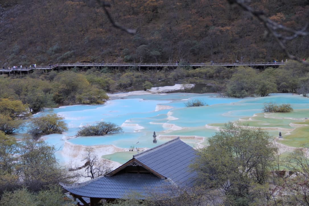 Turquoise mineral terraces seen from above