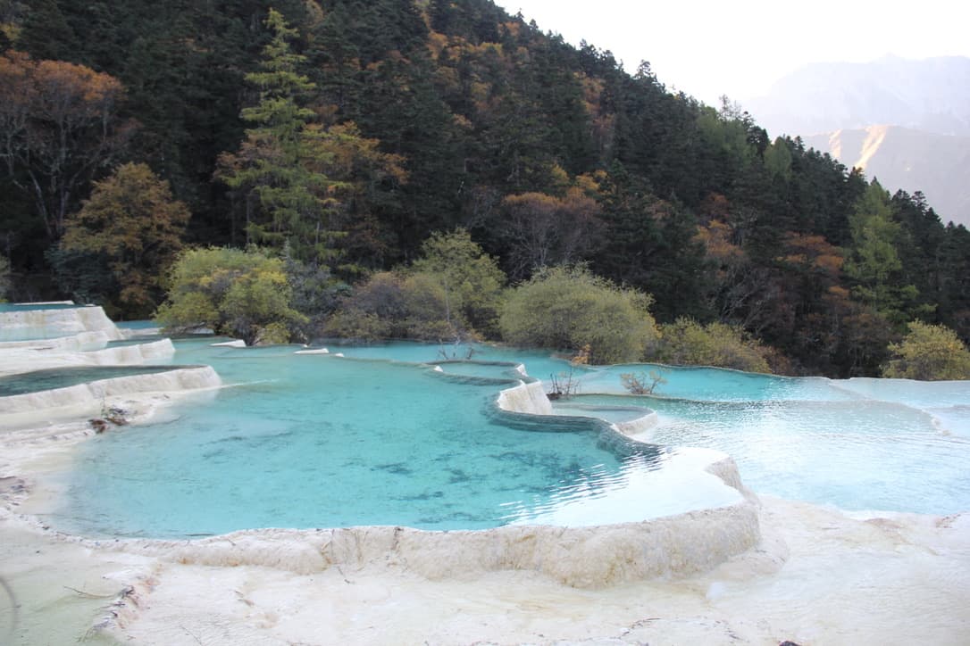 Turquoise pools with pale mineral edges and forest